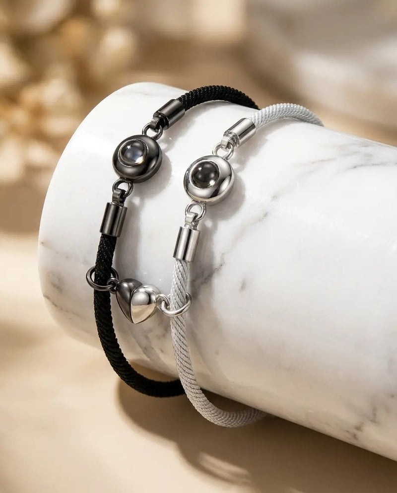 Matching magnetic heart couples bracelets for him and her in rope and silver from ifshe