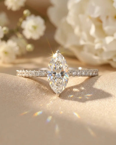 0.5ct Marquise Moissanite Engagement Ring – Dainty Pave Sterling Silver Band, Promise Ring for Her, Anniversary Gift for Women