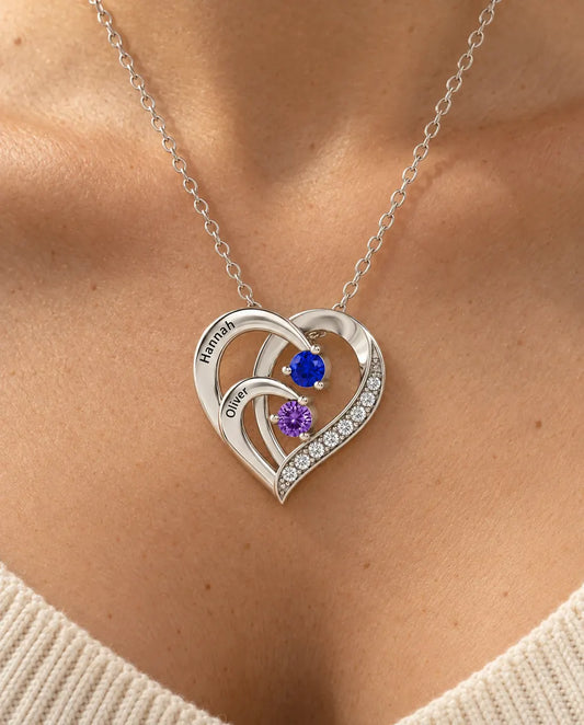 Personalized 2 Name Birthstone Necklace - worn on a model