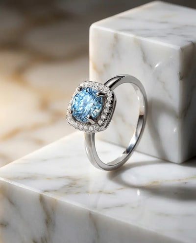 Sea Blue Moissanite Ring – Classic Halo 1 Carat VVS1, 925 Sterling Silver Ring for Her, Engagement Anniversary Birthday Gift