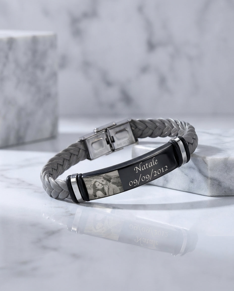 Custom Men's Photo Bracelet - Engraved Braided Leather ID Wristband IfShe Jewelry