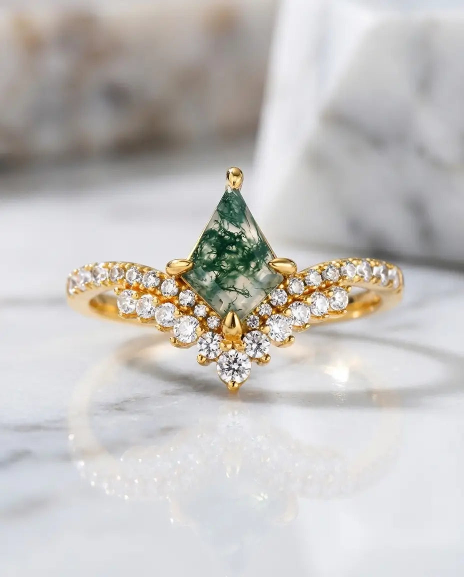 Kite Moss Agate Ring - Art Deco Style Silver & Gold Vermeil IfShe Jewelry