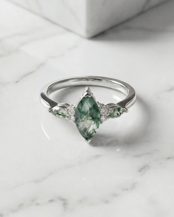 Marquise Moss Agate Ring - Vintage Style Nature Engagement Ring IfShe Jewelry