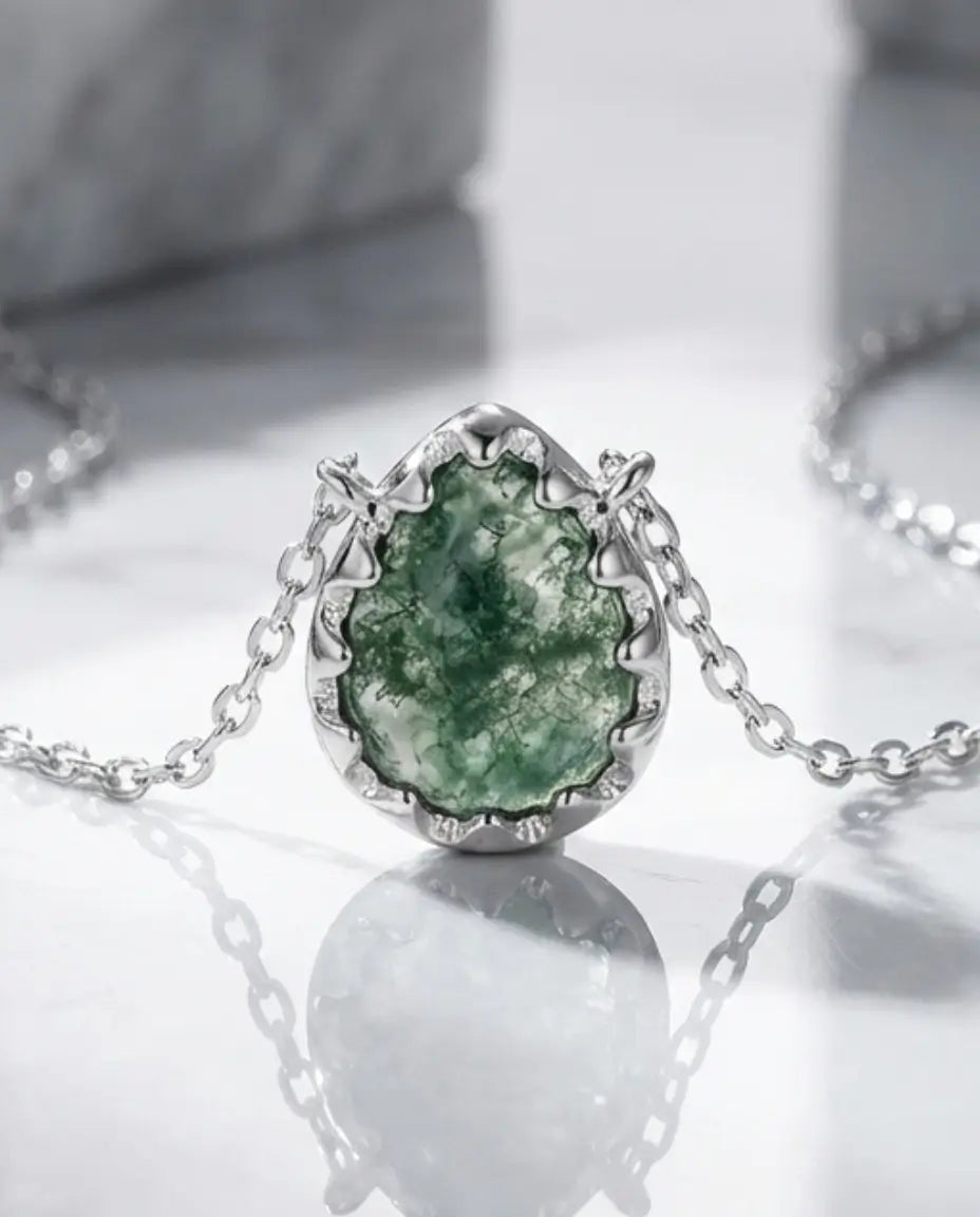 Natural Moss Agate Teardrop Necklace - Sterling Silver Pendant IfShe Jewelry