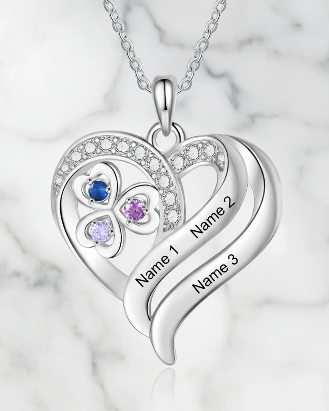 Personalized Heart Clover Necklace with Birthstones โ Custom Engraved Names for Family or Mom IfShe Jewelry