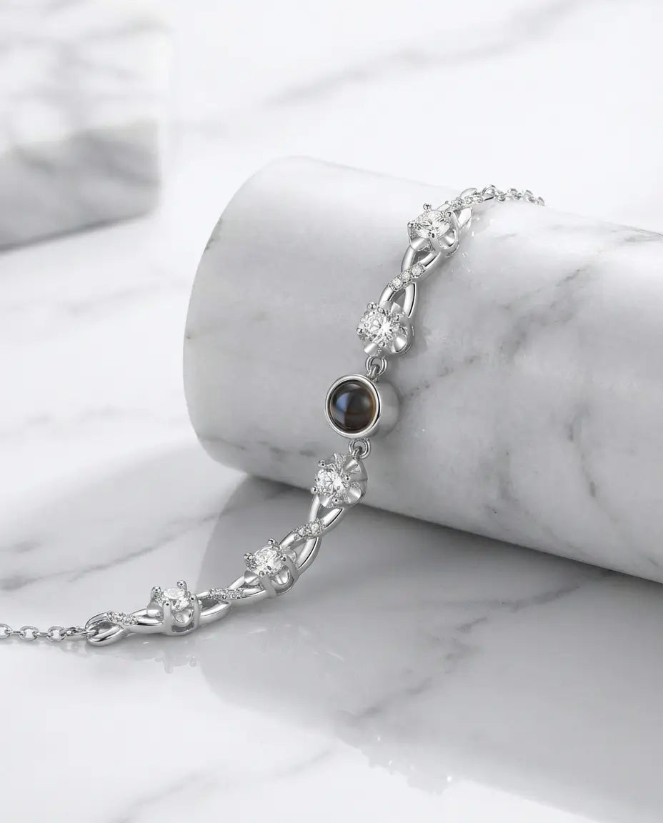 Personalized Photo Projection Bracelet - Floral Silver Charm with Hidden Picture IfShe Jewelry