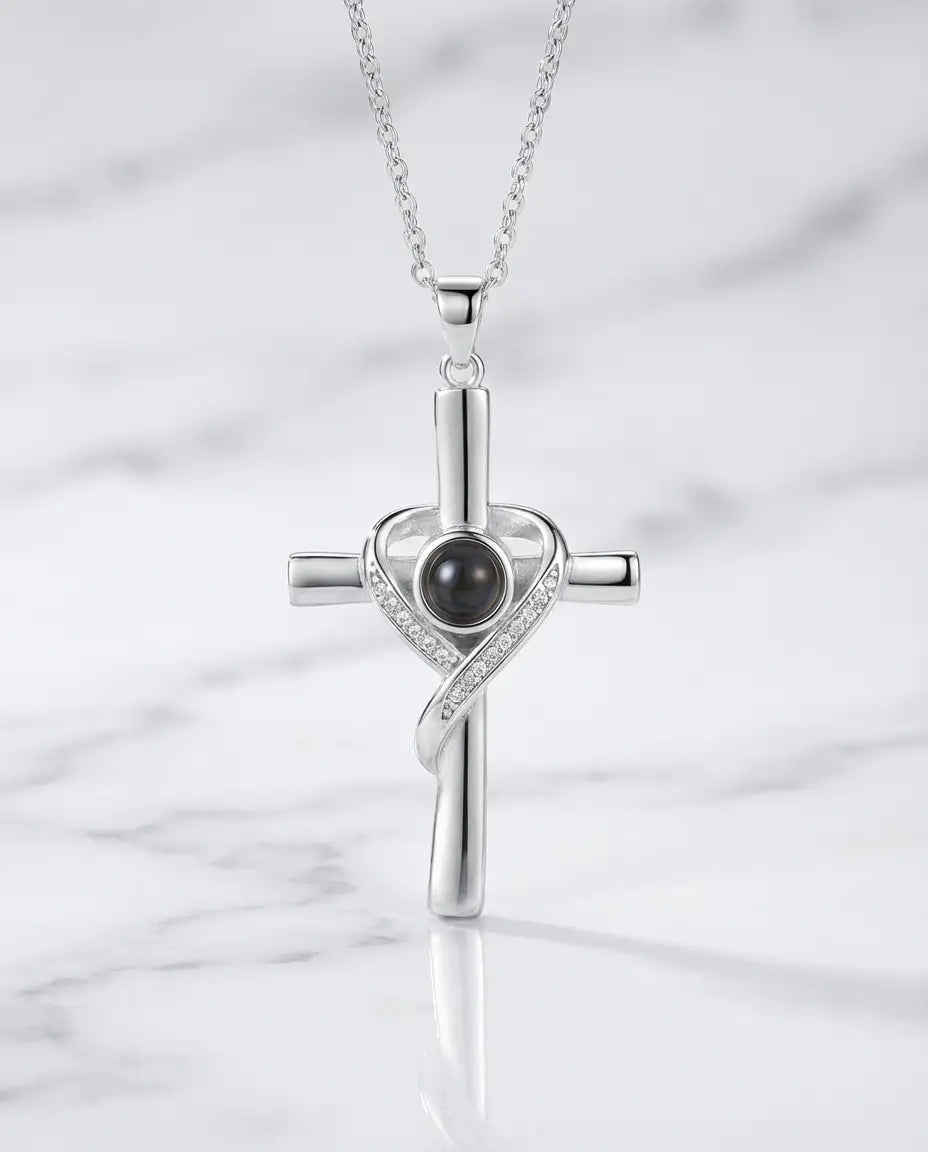 Personalized Photo Projection Necklace - Heart Wrapped Cross Pendant IfShe Jewelry