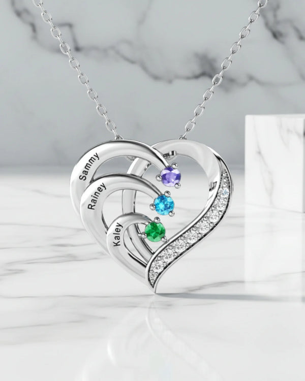 Personalized 3 Name Birthstone Necklace – Intertwined Hearts, 925 Sterling Silver, Custom Names & Stones, Family Gift for Mom & Grandma