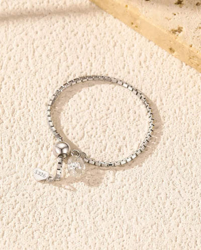 Adjustable Moissanite Chain Ring – Dainty D Color Accent on a Beaded Box-Chain Band, 925 Sterling Silver Ring