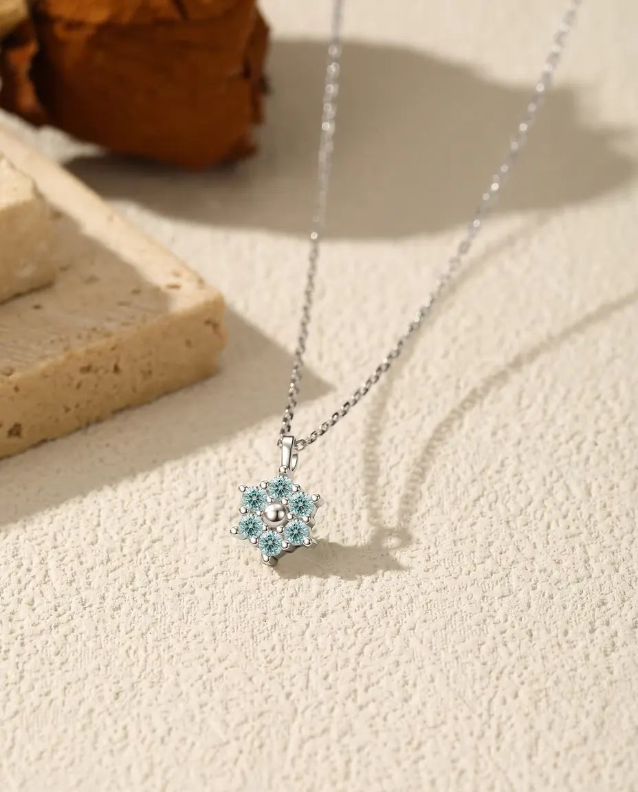 Aqua Blue Moissanite Flower Necklace