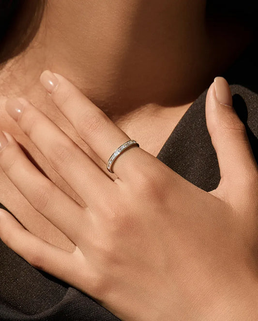 Channel-set baguette moissanite eternity band in 925 sterling silver
