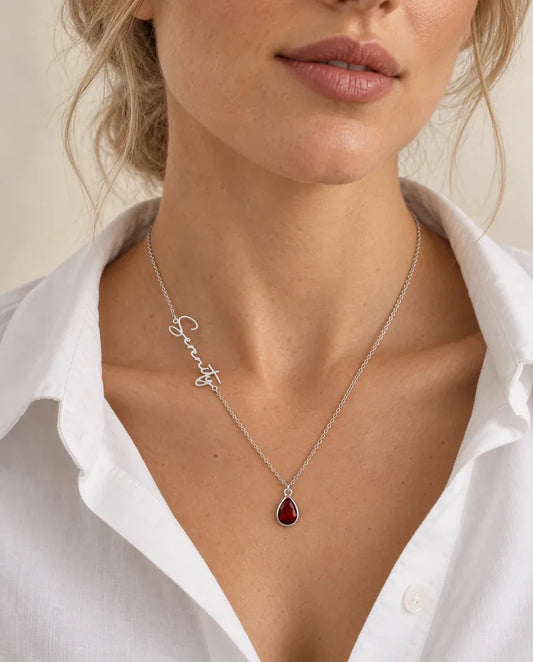 Personalized Name Necklace with Birthstone - worn on a model