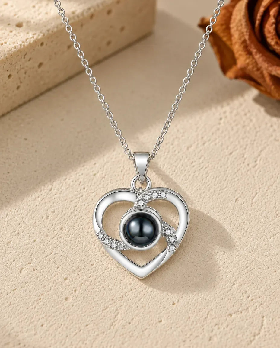 Personalized Photo Projection Necklace with Picture Inside - front view in silver