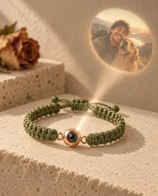 Braided Photo Projection Bracelet with Picture Inside - projecting the hidden photo onto a wall