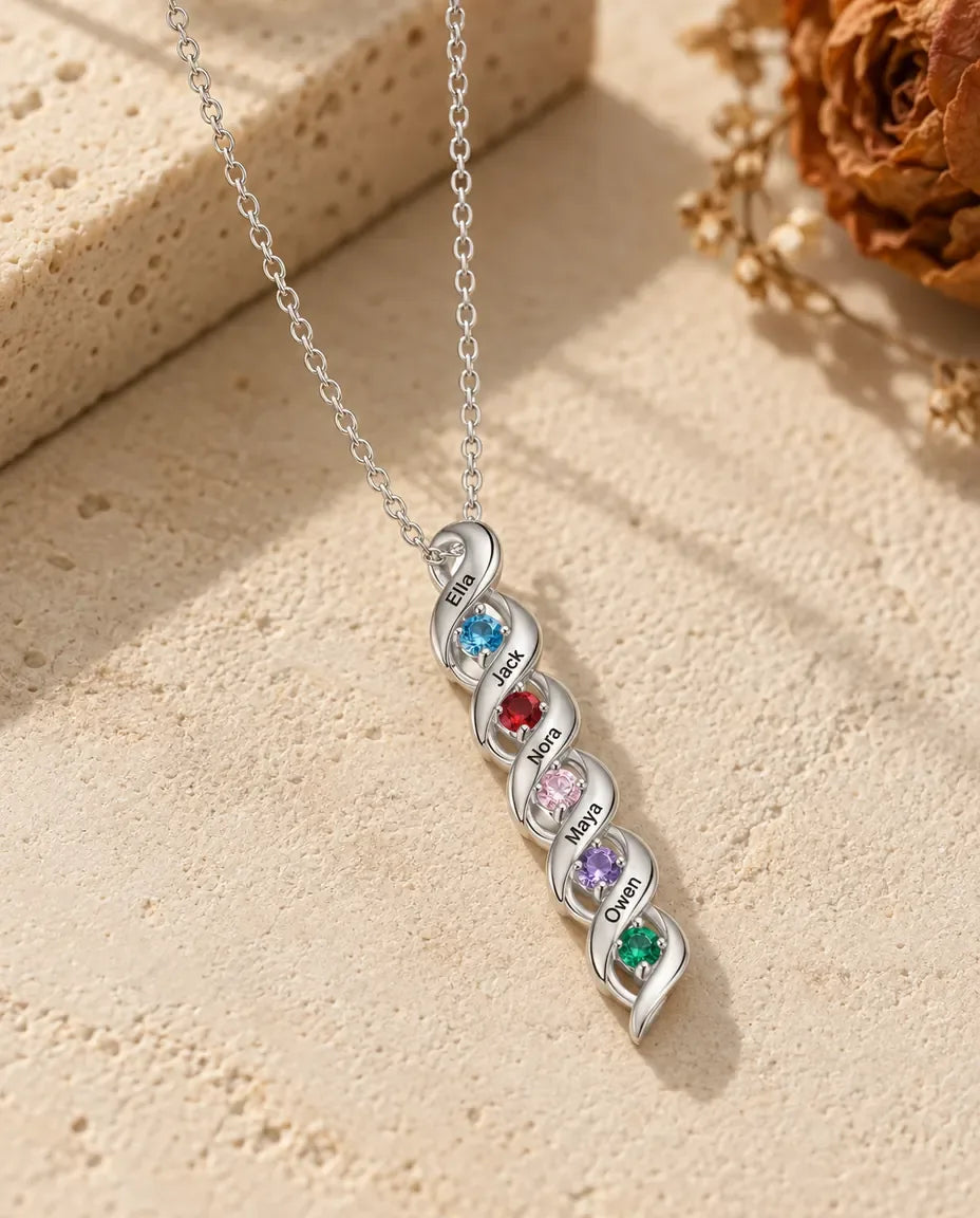 Personalized Name & Birthstone Scroll Necklace - front view in silver