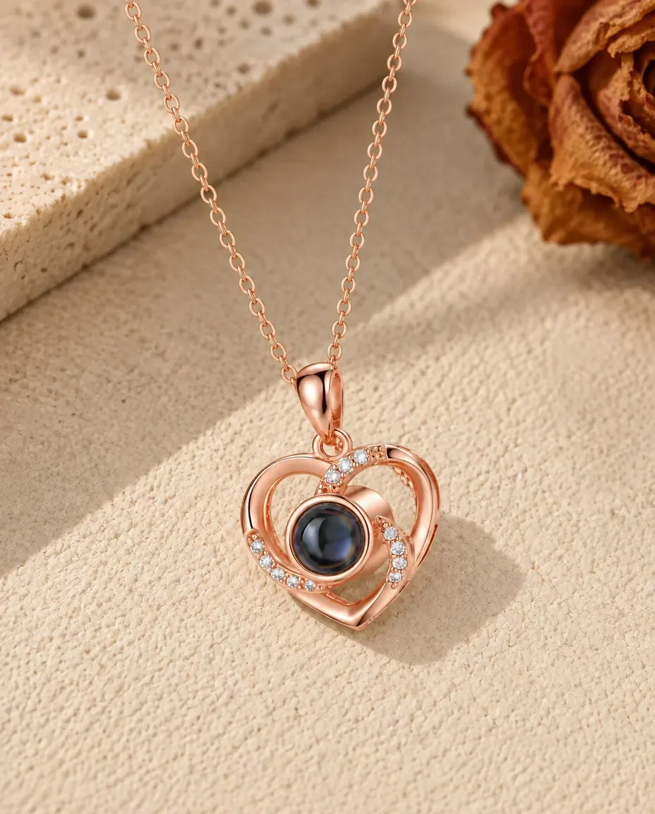 Heart Photo Projection Necklace - in rose gold finish