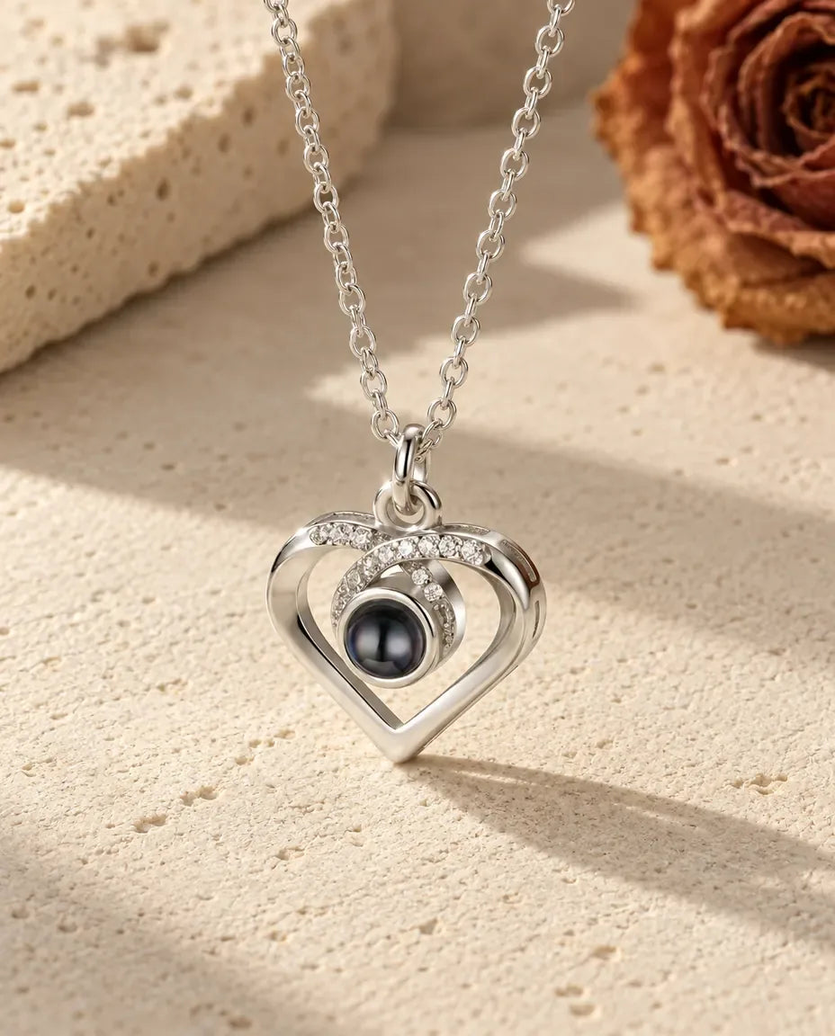Heart Photo Projection Necklace - front view in silver