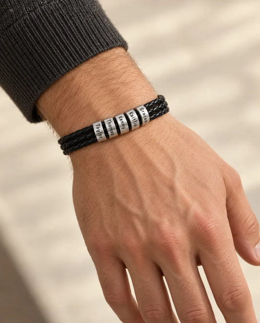 Personalized Men's Leather Bracelet - worn on a model