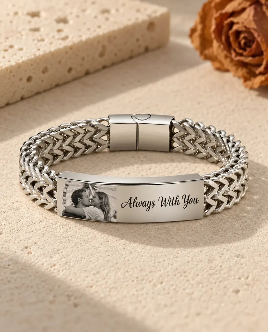 Custom Photo ID Bracelet for Men - front view in silver