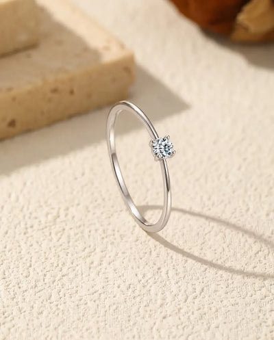 Dainty Moissanite Solitaire Ring in 925 Sterling Silver - Thin 0.9 mm Stacking Band with One 3 mm Lab-Grown Moissanite, Four Prong, US Size 5 to 9