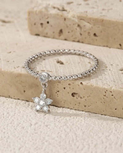 Daisy Flower Moissanite Ring – Dangling D Color Charm on a Beaded Band, 925 Sterling Silver Ring for Women