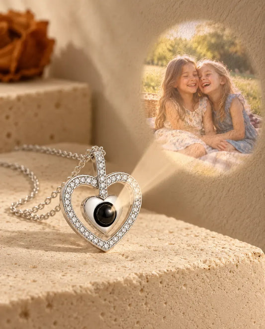 Personalized Double Heart Photo Projection Necklace - projecting the hidden photo onto a wall