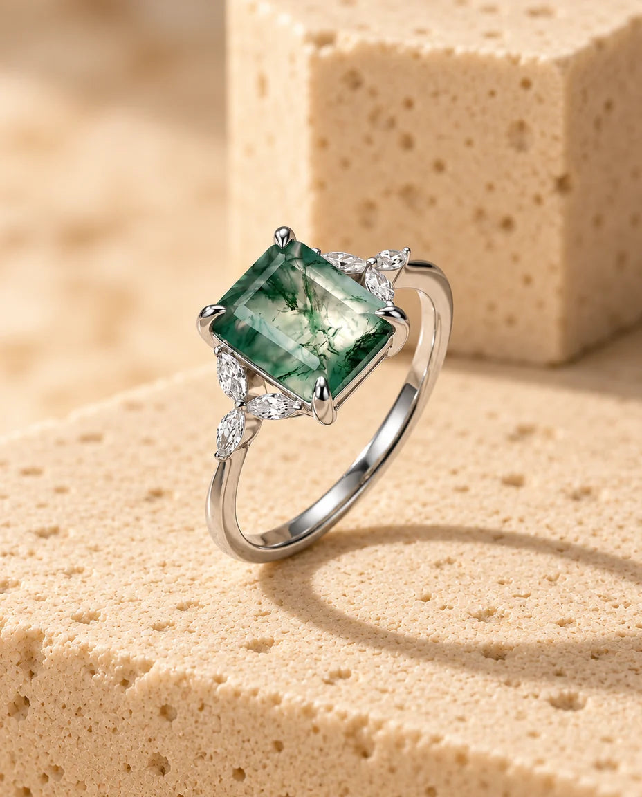 Emerald Cut Moss Agate Ring - displayed on a travertine block