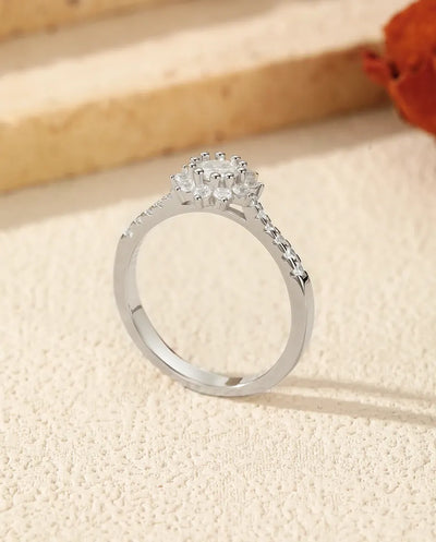 Flower Halo Engagement Ring – 0.3 Ct Round D Color Moissanite on 925 Sterling Silver, Sunburst Ring for Women