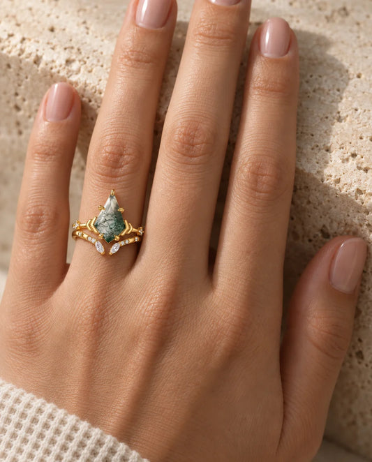 Kite-Cut Moss Agate Ring Set - worn on the hand