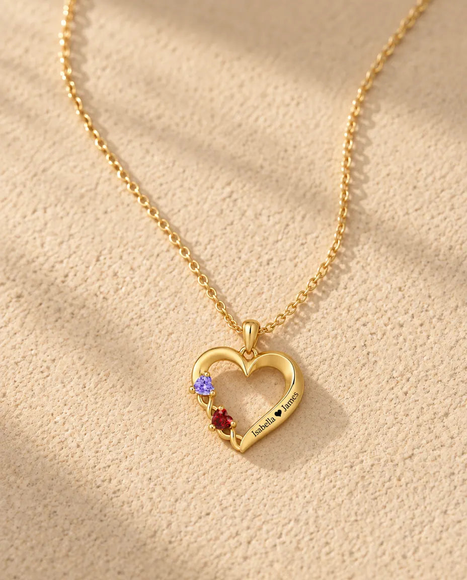 Gold open heart necklace with two heart-cut birthstones and two engraved names