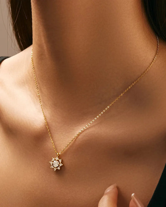 Gold Snowflake Moissanite Necklace – Star Halo Pendant in 925 Sterling Silver, 18K Gold Plated