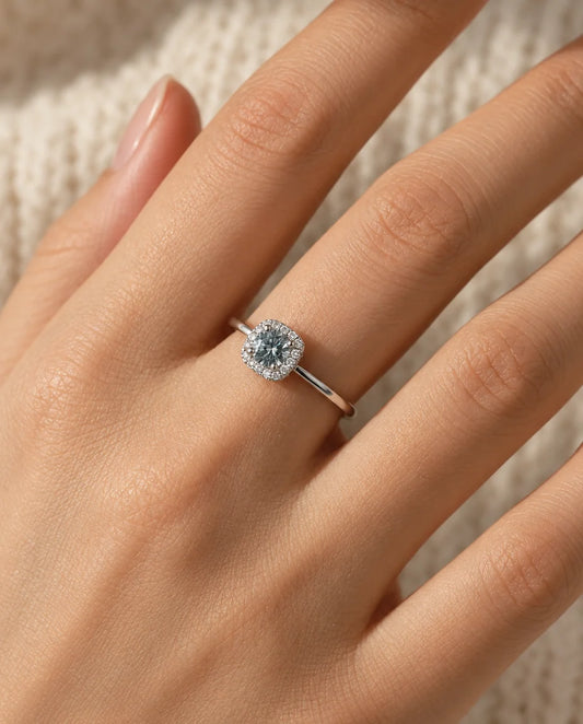 0.5ct Square Halo Moissanite Ring - worn on the hand