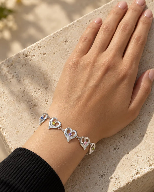 Personalized Heart Charm Birthstone Bracelet - worn on a model