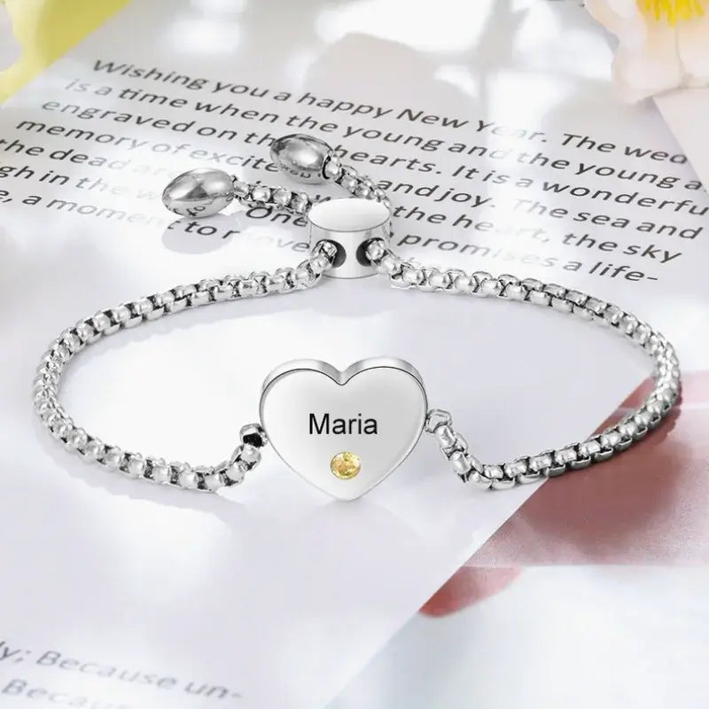 Heart Shaped Engraved Name Personalized Birthstone Bracelet