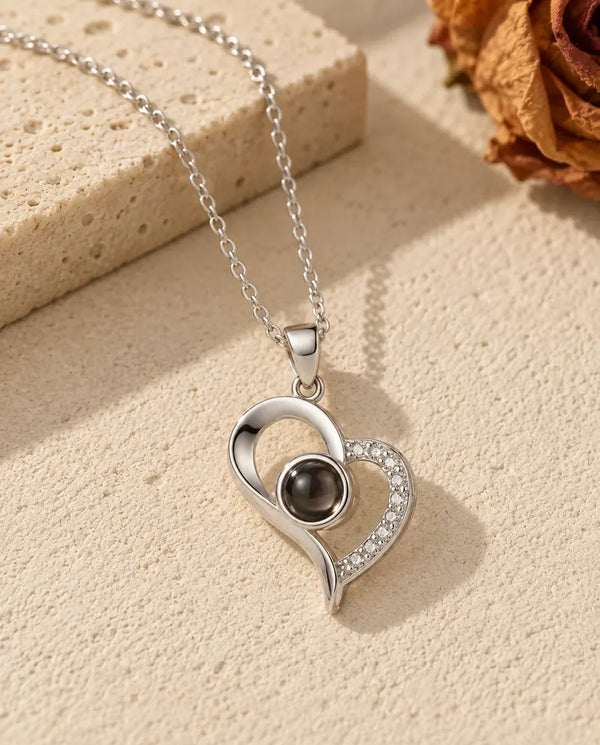 Heart Photo Projection Necklace - front view in silver
