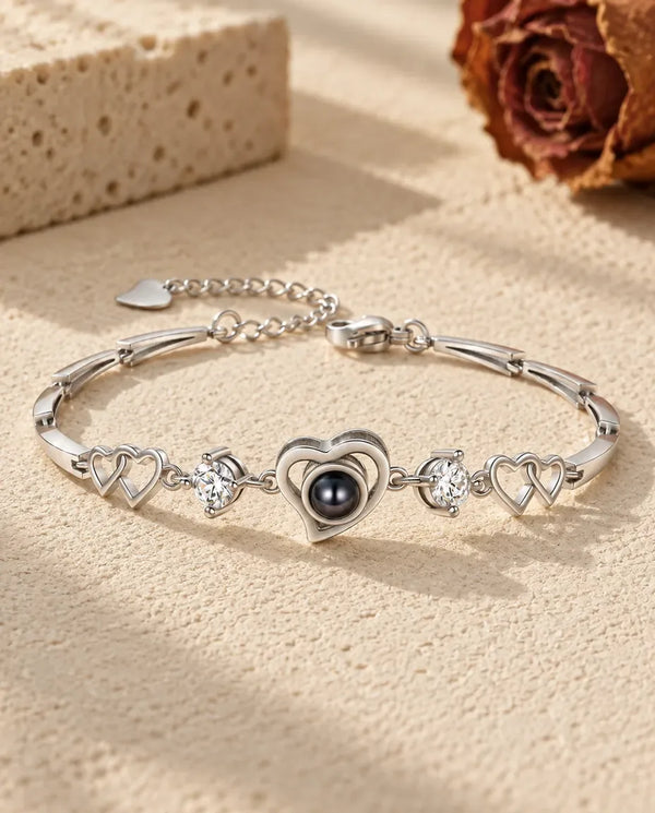 Photo Projection Bracelet with Picture Inside for Her - front view in silver