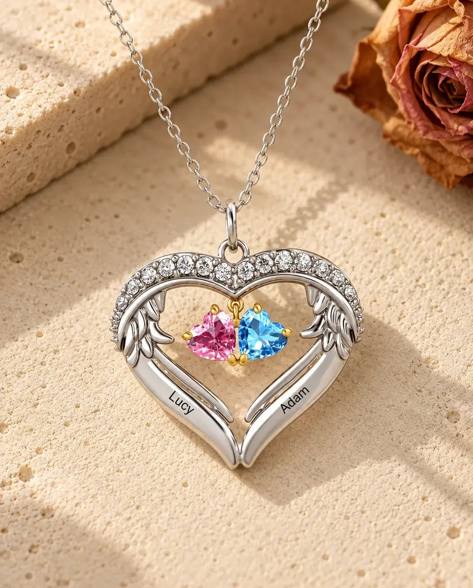 Heart Wing Birthstone Necklace - front view in silver