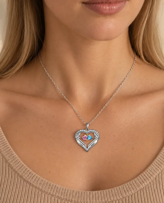 Heart Wing Birthstone Necklace - worn on a model