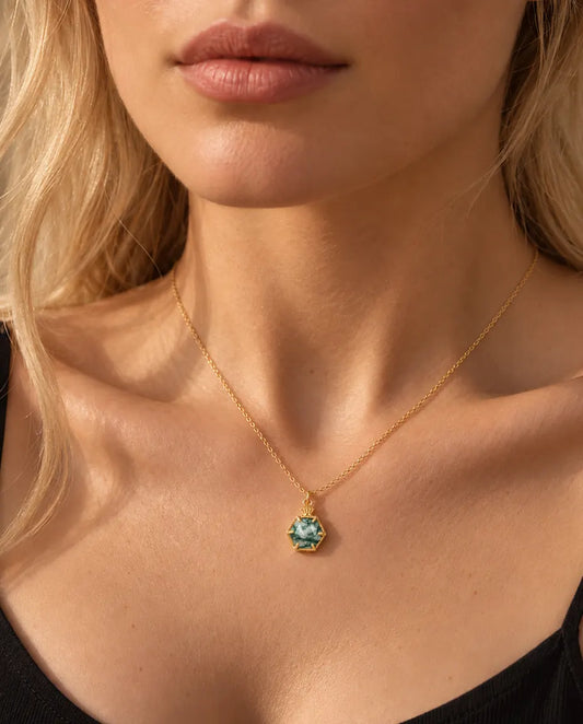 Hexagon Moss Agate Necklace in 10K Gold Plated 925 Sterling Silver - worn on a model, close-up at the collarbone