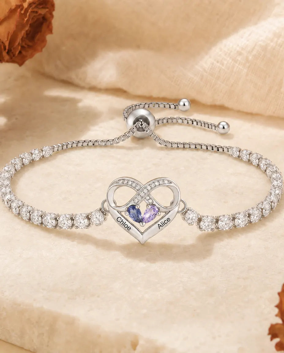 Infinity heart birthstone bracelet with two names, silver tone