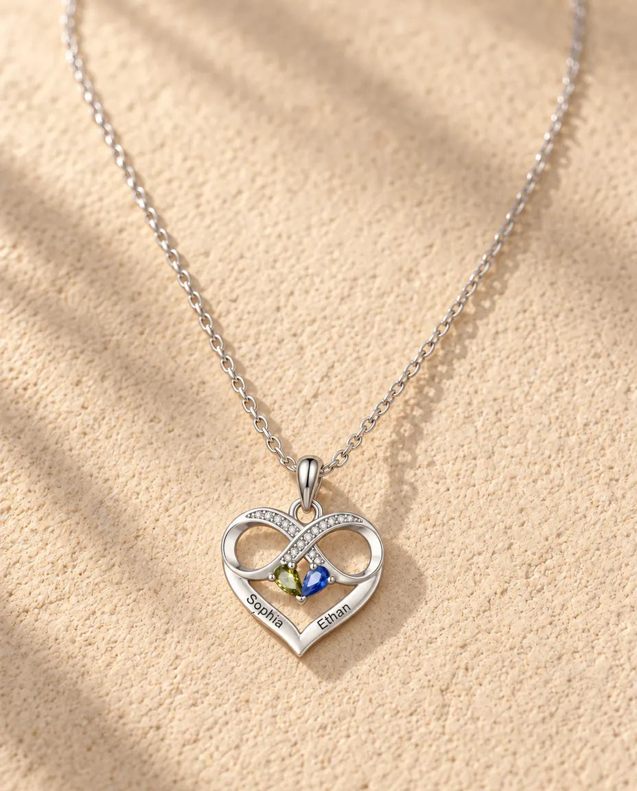 Silver infinity heart birthstone necklace with two engraved names