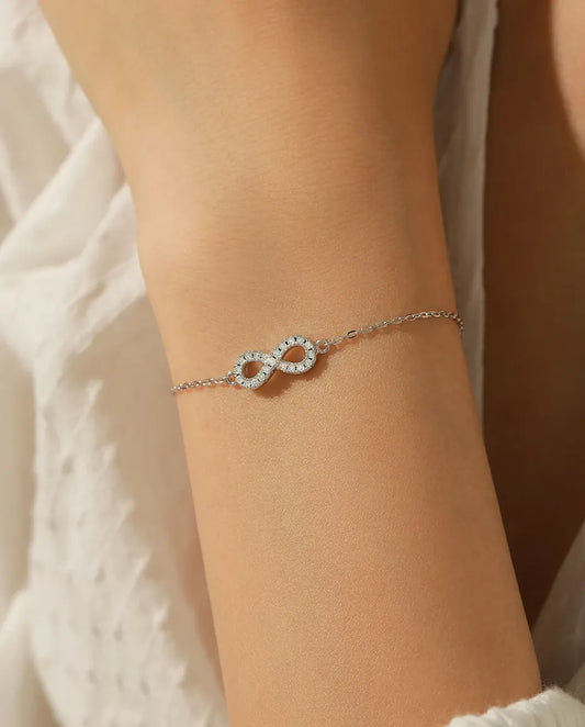Infinity moissanite bracelet, D color pave infinity symbol, 925 sterling silver