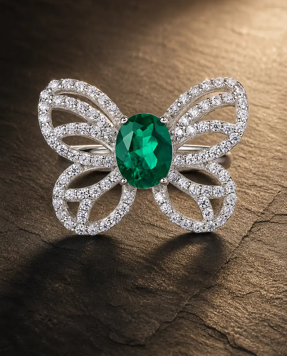 Lab emerald gemstone multi-angle ring in 925 sterling silver