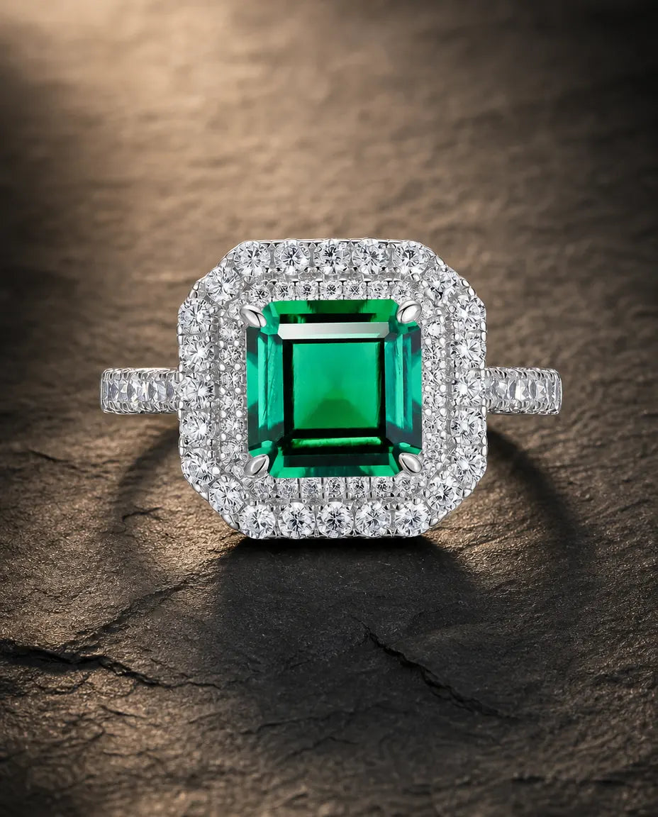 Lab emerald gemstone multi-angle ring in 925 sterling silver