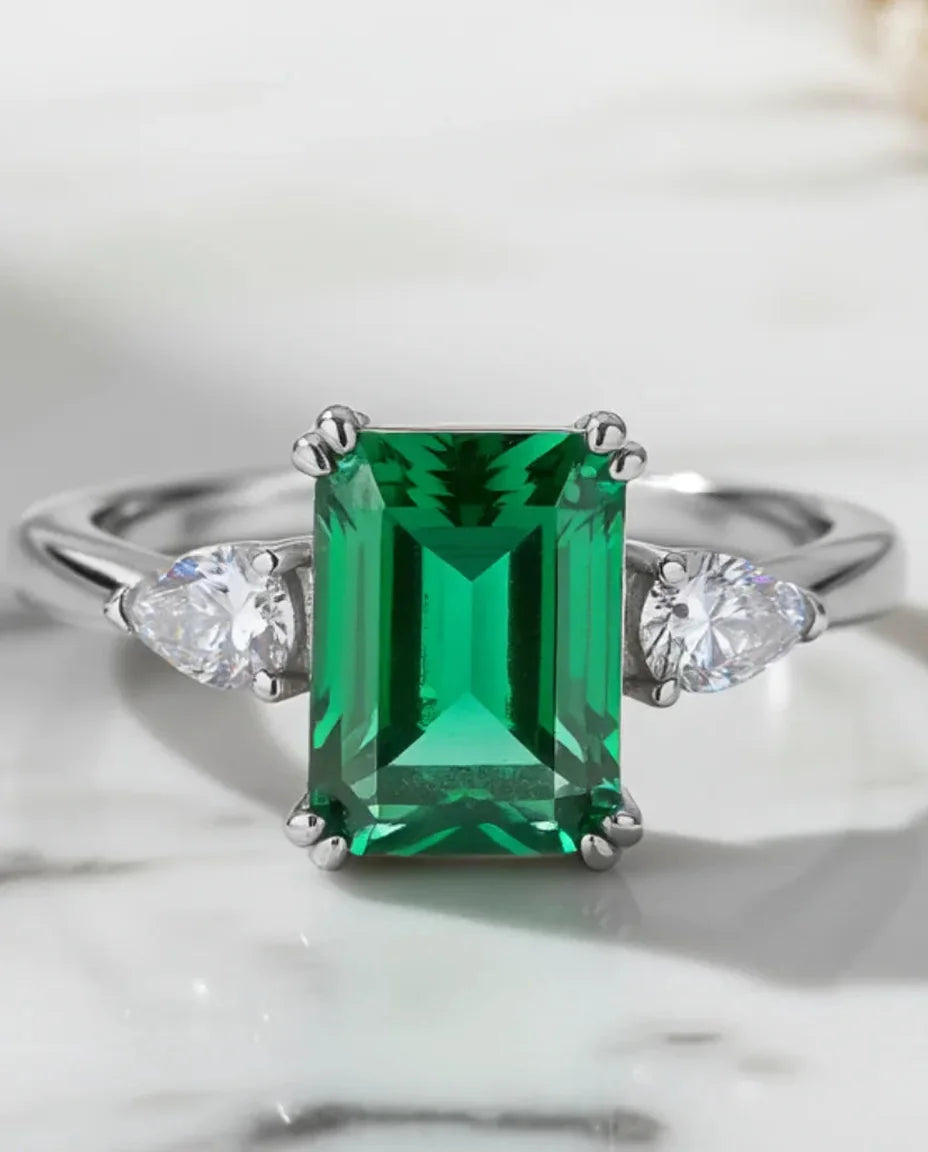 Lab emerald octagon cut ring in 925 sterling silver