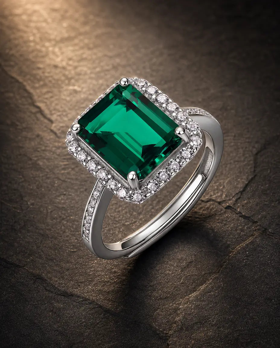 Lab emerald gemstone multi-angle ring in 925 sterling silver