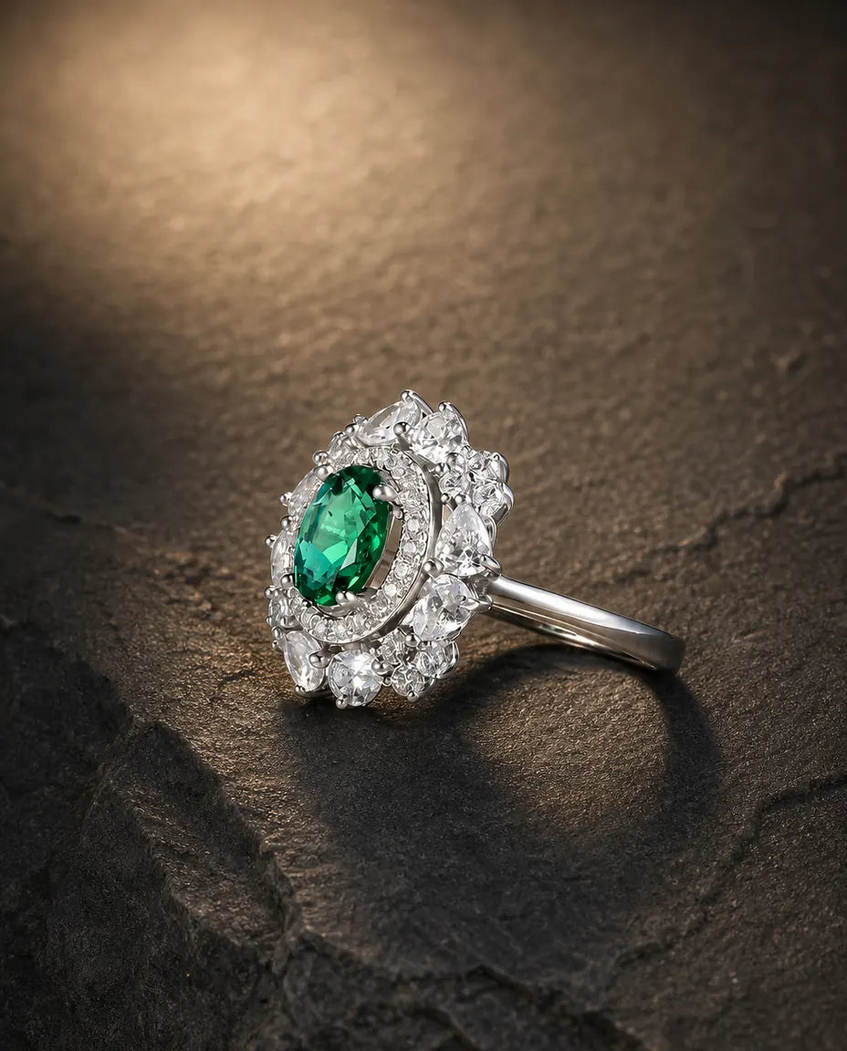 Lab emerald oval halo-cluster vintage ring in 925 sterling silver