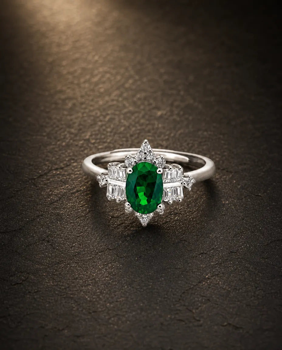 Lab emerald gemstone multi-angle ring in 925 sterling silver
