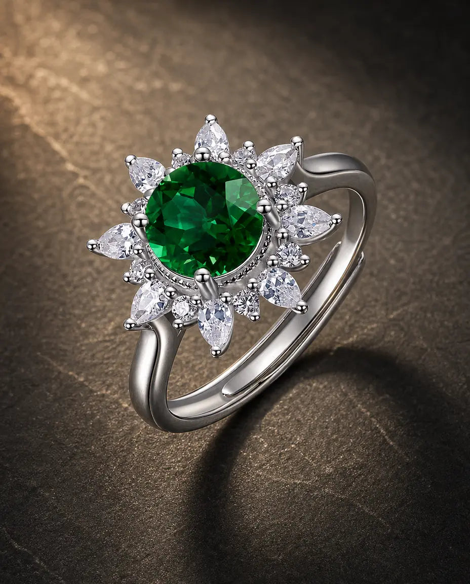 Lab emerald sunflower halo adjustable ring in 925 sterling silver