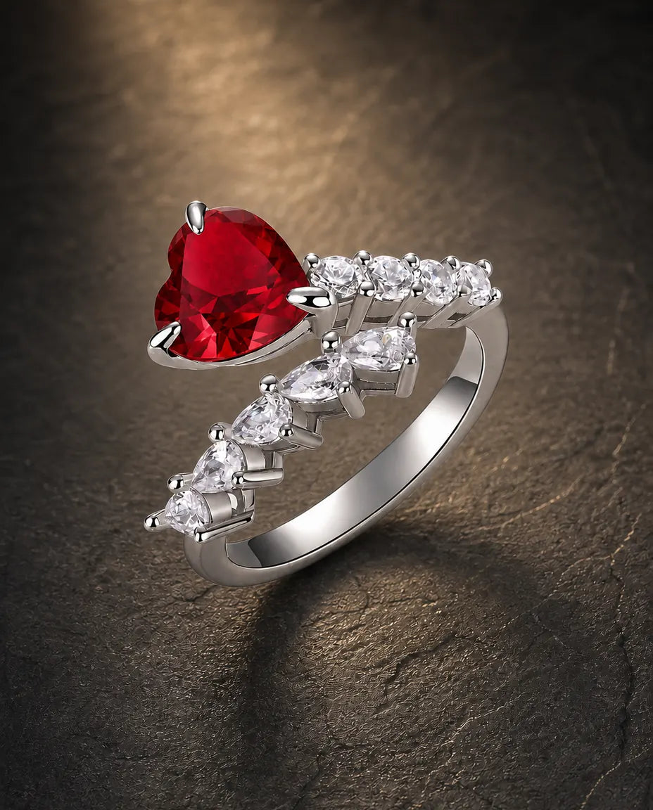 Lab ruby heart shooting-star adjustable ring in 925 sterling silver